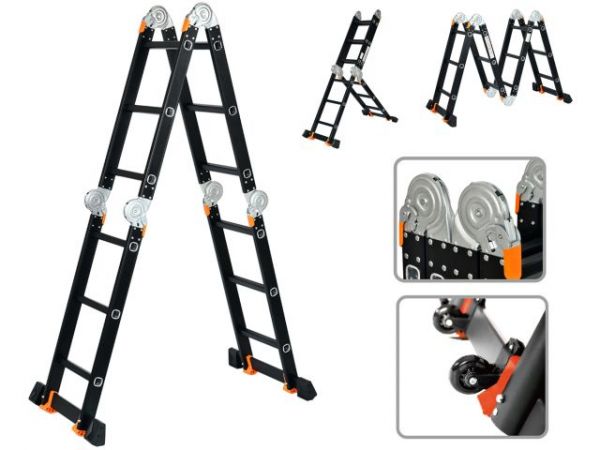 Лестница алюм. многофункц.4х3 ступ.(стрем.-175см,лестн.-355см) 12,3кг BLACK LINE STARTUL (ST9930-03)(усиленное шарнирное соединение, прорезиненные колеса и доп.стабилизаторы)