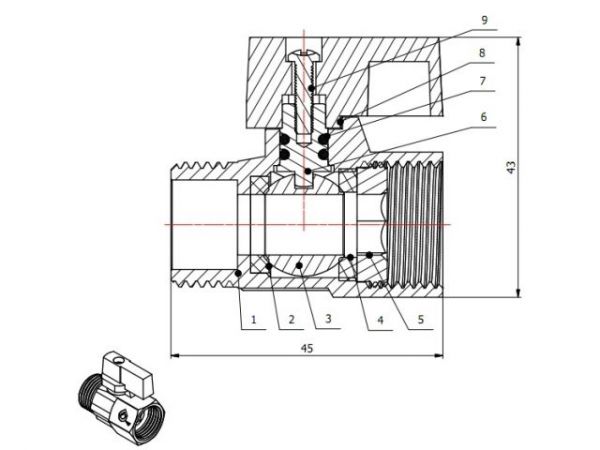 Кран шаровый MINI 1/2' нар.-вн. красная ручка, AV Engineering(Латунь, макс.  16 бар, макс.  110 °С)