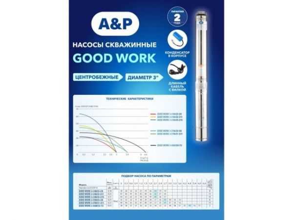 Насос погружной для чистой воды GOOD WORK 3-4800/20-7/3 A&P(550 Вт, 6600 л/ч при напоре 11 м, 38 м)