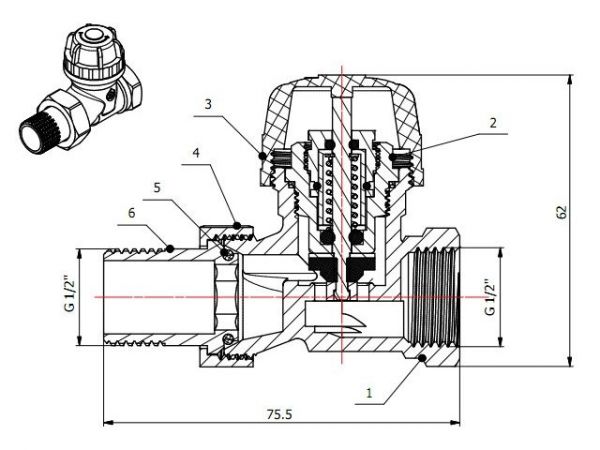 Кран вентильный прямой 1/2' вн.-нар. для радиатора под термоголову, AV Engineering(M30x1.5, подача)