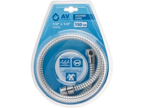 Шланг душевой, PVC, 1/2' г-г 150 см, хром, AV Engineering(Гайка латунь (anti-twist), 10 бар)