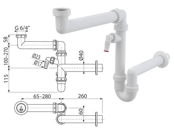 Сифон для мойки экономящий пространство cо штуцером и накидной гайкой 6/4, Alcaplast