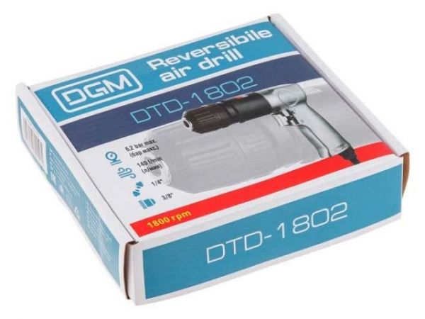 Пневмодрель с реверсом DGM DTD-1802(Быстрозажим.патрон 3/8''-24 UNF, 255 л/мин, 1800 об/мин, дерево/металл: 20/10 мм;)
