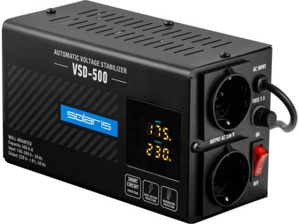 Стабилизатор напряжения Solaris VSD-500(500 В*А; 140-260 В; 2 розетки; настенный монтаж)