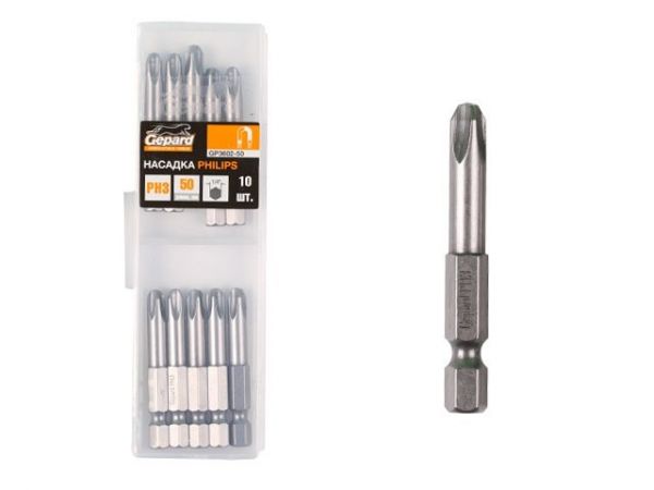 Насадка крестообразная PH2 50мм 10шт GEPARD (GP3601-50)(бита Phillips сталь S2 магнитная)