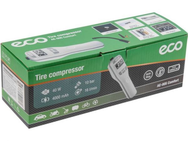 Компрессор автомобильный ECO AE-005 Comfort(7,4 В, 40 Вт, 16 л/мин, 4000 мА·ч, 10 Бар, LED дисплей, фонарь, 3 насадки, сумка.)