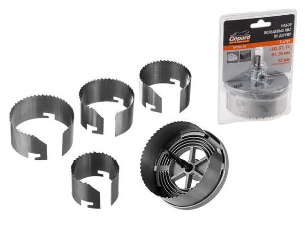 Набор кольцевых пил по дереву 60-95мм 5 предметов GEPARD (GP2201-05)(коронка по дереву, набор пильных венцов)