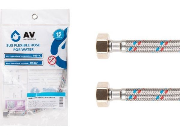 Подводка гибкая, SUS, гайка 1/2' - гайка 1/2' 100см AV Engineering(16 Bar, 100°С, в пакете)