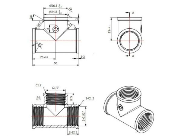 Тройник 1/2' вн.-вн.-вн., AV Engineering (инд. упак.)(Латунь, макс.  16 бар, макс.  110 °С)