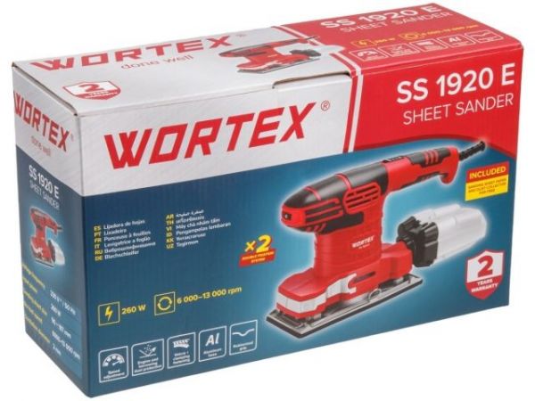 Виброшлифмашина WORTEX SS 1920 E в кор. 260 Вт, 90х187 мм, 6000-13000 кол/мин(крепление на липучке/скобах, 1,8 кг)