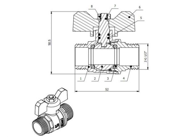 Кран шаровый 1/2' нар.-нар. бабочка PN30, AV Engineering(Латунь, макс.  40 бар, макс.  110 °С)