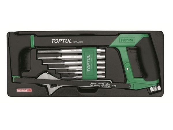 Набор-сет ножовка, разводной ключ 8', выколотки 8пр. 434х176мм TOPTUL