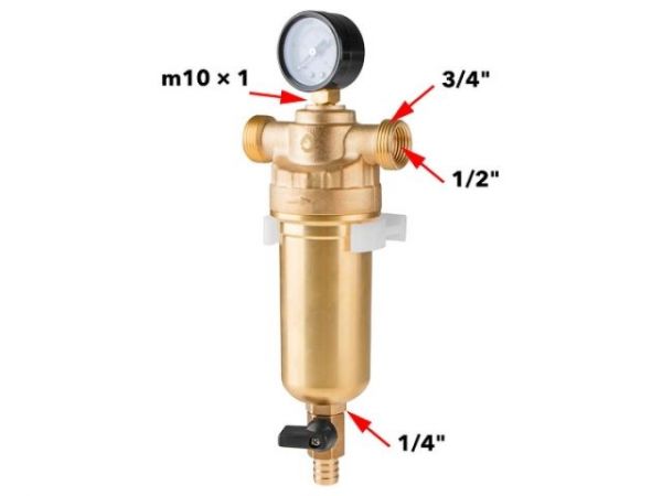 Фильтр самоочищающийся 3/4' нар. или 1/2' вн., 100 микрон, с манометром, AV Engineering (инд. упак.)(промывной латунный)
