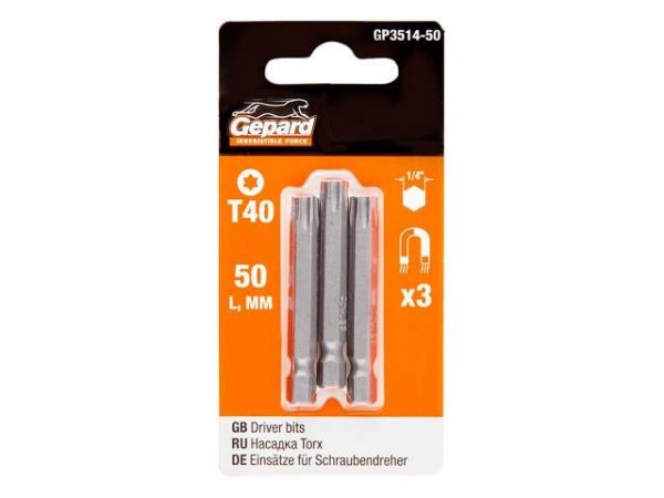 Насадка TORX T40 50мм  3шт GEPARD (GP3514-50)(бита звездочка шестилучевая звезда сталь S2  магнитная)