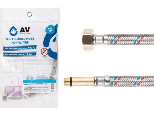 Подводка гибкая, SUS, иголка м10 длинная - гайка 1/2' 120 см AV Engineering(16 Bar, 100°С, в пакете)