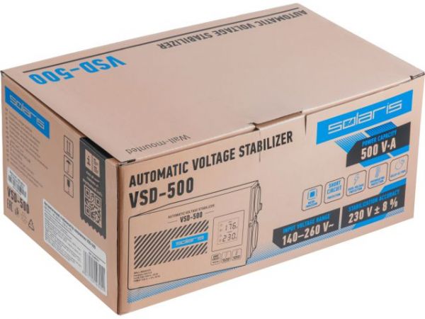 Стабилизатор напряжения Solaris VSD-500(500 В*А; 140-260 В; 2 розетки; настенный монтаж)
