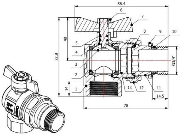 Кран шаровый угловой 3/4' нар.-вн. бабочка (со сгоном) PN40, AV Engineering(с уплотнительным кольцом)