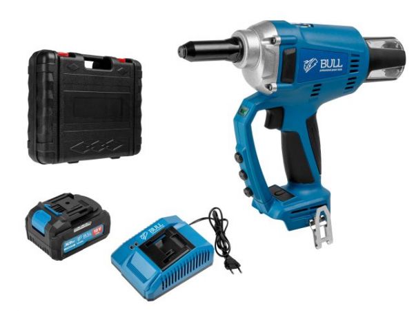 Заклепочный пистолет BULL CRG 1018 в чем. XLTpro, БЕСЩЕТ., 25 мм, 10000 Н, 1х4 А*ч(2.4, 3.2, 4.0, 4.8 мм, вытяжные, подсветка)