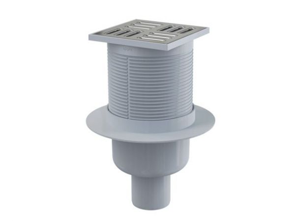 Сливной трап 105х105/50, подводка – прямая, решетка – нерж. сталь, гидрозатвор – мокрый, Alcaplast