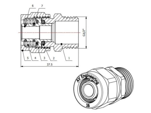 Ниппель 16(2.0) х 1/2' нар. для труб PEX, AV Engineering (инд. упак.)(для металлопластиковых и PEX труб)