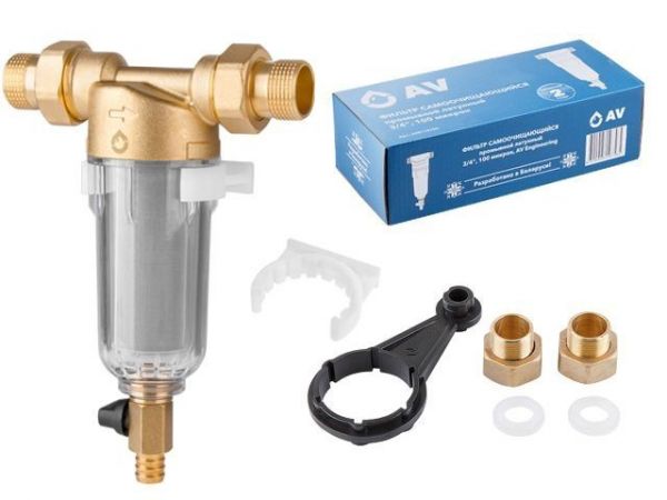 Фильтр самоочищающийся 1' нар. или 3/4'вн., 100 микрон, AV Engineering (инд. упак.)(промывной латунный)