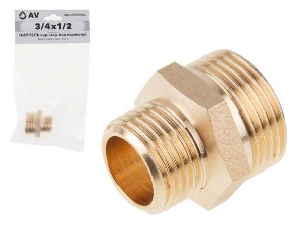 Ниппель ред. под евроконус 3/4' нар. х 1/2' нар., AV Engineering (инд. упак.)(Латунь, макс.  16 бар, макс.  100 °С)