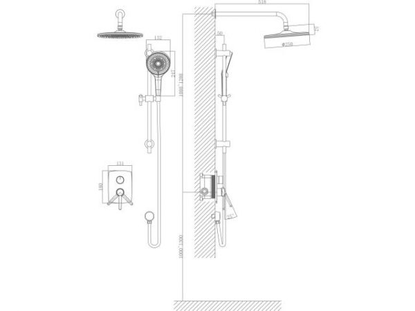 Душевая система (Lt) D35, серия Rose черный + красный, a-five(Встраиваемый, Излива нет, 1000 - 1200 мм.)