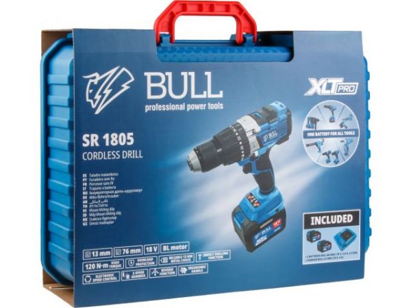 Дрель-шуруповерт BULL SR 1805 в чем. XLTpro, 2х6 А*ч, БЕСЩЕТ., 18 В, 120 Н*м, БЗП(мет.) 13 мм(Доп. функции: Ударное сверление, 'AntiKickback', режим 'TURBO')