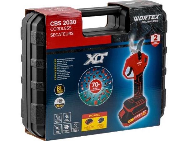 Аккум. секатор WORTEX CBS 2030 в чем. ALL1 SET, БЕСЩЕТ., 18 В, ветки до 28 мм(3 ступени регулировки, 0,76 кг)