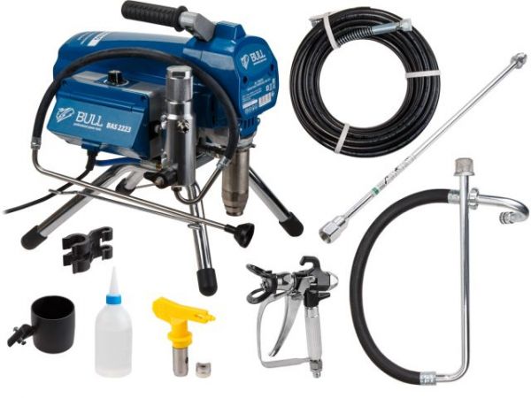 Безвоздушный окрасочный аппарат BULL BAS 2223 в кор. БЕСЩЕТ., 1300 Вт, 2,3 л/мин, 220 Бар(15 кг, электронный контроль давления, макс. шланг до 30 метров (15м в комплекте))