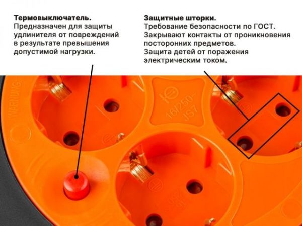 Удлинитель на катушке 30м (4 роз., 3,5кВт, с/з, ПВС 3х1,5) Юпитер(с защитой от перегрузки, защитные шторки)