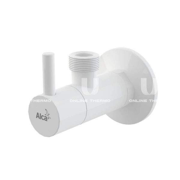 Угловой вентиль с фильтром Alcaplast ARV003B, 1/2" × 1/2", круглый, белый, с розеткой