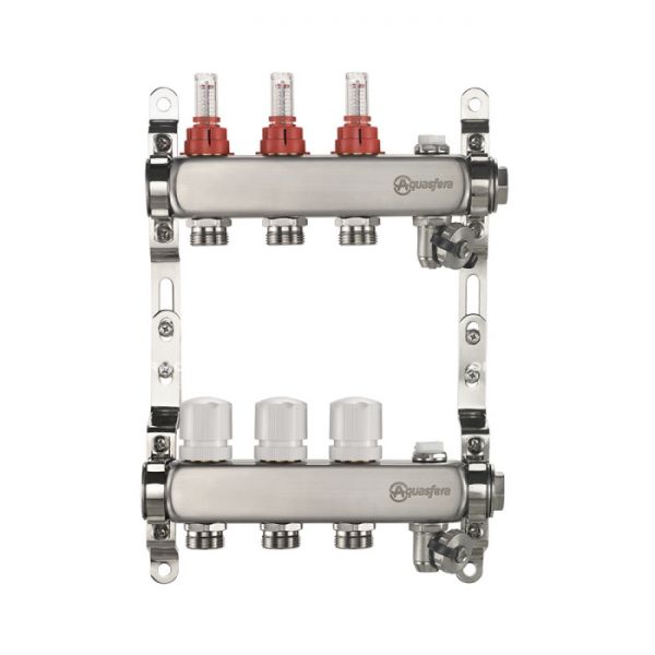 Распределительный коллектор (группа) с расходомерами Aquasfera 9501-07 ВР 1", на 8 контуров 3/4" EK, нержавеющая сталь