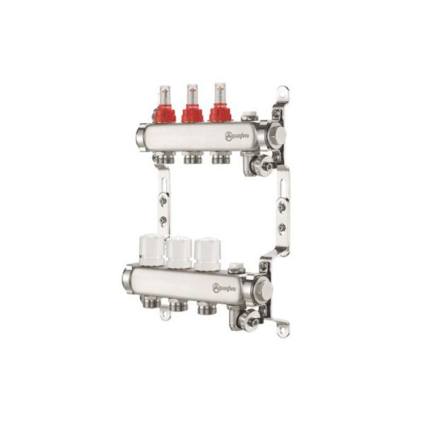 Распределительный коллектор (группа) с расходомерами Aquasfera 9501-10 ВР 1", на 11 контуров 3/4" EK, нержавеющая сталь