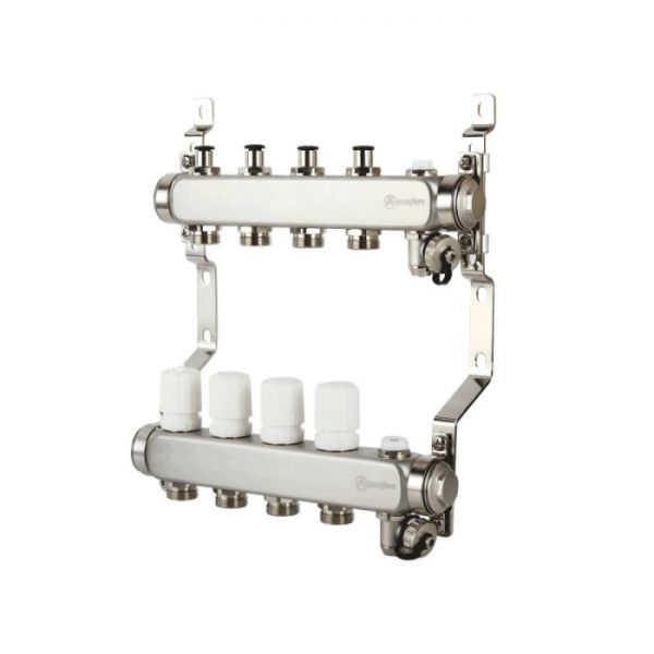 Распределительный коллектор (группа) для отопления Aquasfera 9502-03 ВР 1", на 4 контура 3/4" EK, нержавеющая сталь