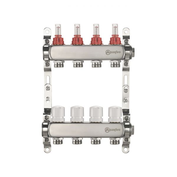 Распределительный коллектор (группа) с расходомерами Aquasfera 9503-10 ВР 1", на 11 контуров 3/4" EK, нержавеющая сталь