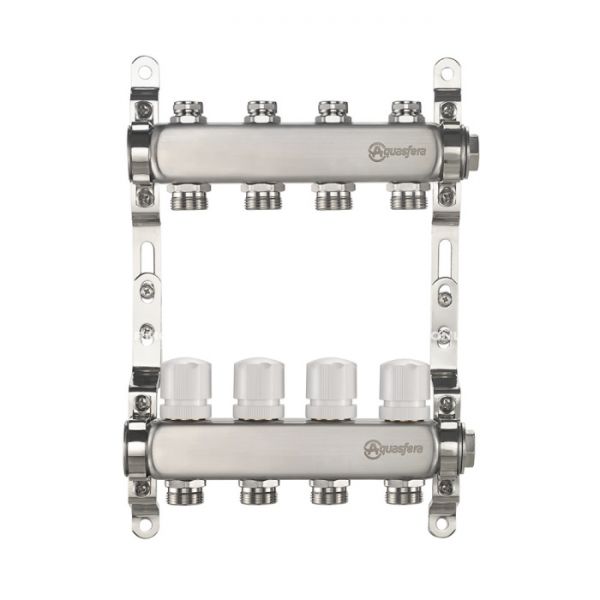 Распределительный коллектор (группа) для отопления Aquasfera 9504-06 ВР 1", на 7 контуров 3/4" EK, нержавеющая сталь