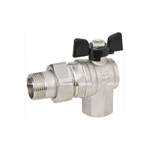 Кран шаровый угловой с разъемным соединением Bugatti Oregon 05940001 1/2" НР-ВР, 594, полнопроходной, ручка-бабочка