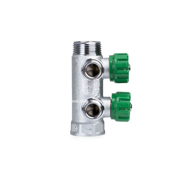 Регулирующий проходной коллектор FAR FK 3821 112, 1" ВР-НР, на 2 контура  1/2" НР, модульный, конусное соединение