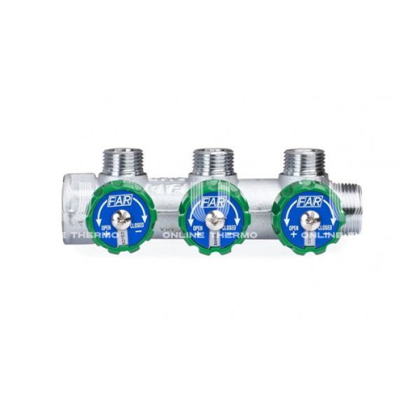 Регулирующий проходной коллектор FAR FK 3822 134, 1" ВР-НР, на 3 контура  3/4" НР, модульный, конусное соединение