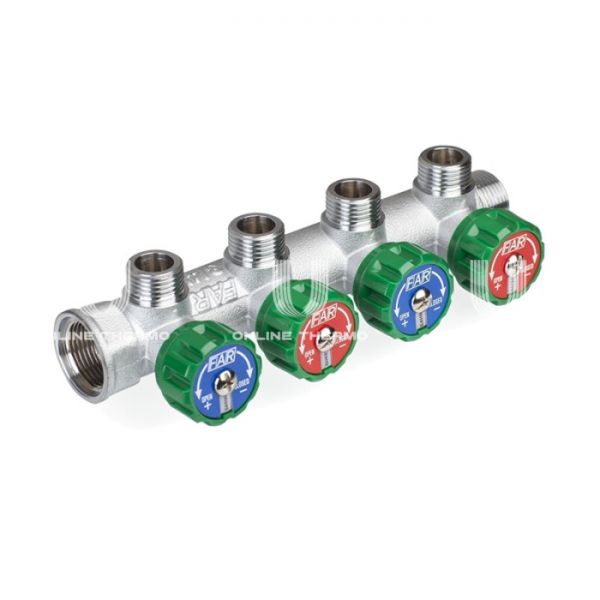 Регулирующий проходной коллектор FAR FK 3824 134TP, 1" ВР-НР, на 4 контура  3/4" НР, модульный, плоское соединение