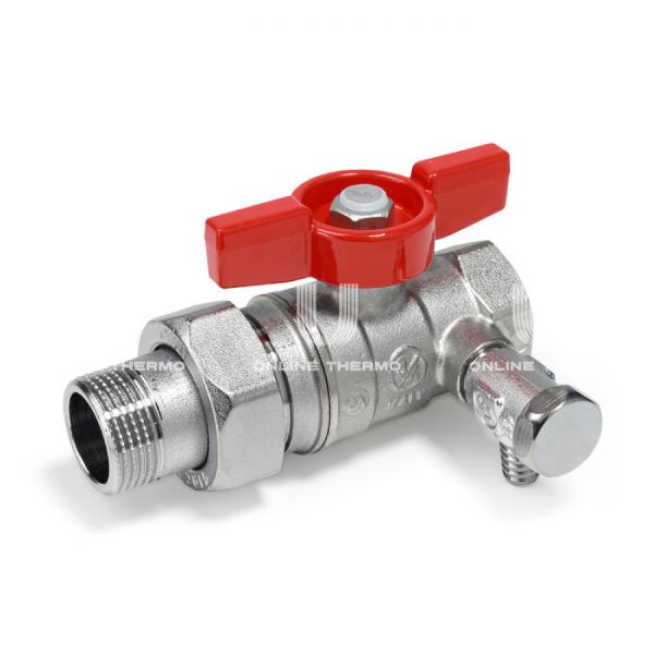 Кран шаровый с разъемным соединением Giacomini R259SX009 1,25" ВР-НР, с заглушкой 1/4" и дренажным вентилем, ручка-бабочка