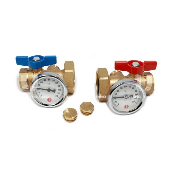 Комплект прямых шаровых кранов  Giacomini R287MY005 1x1 1/2" ВР-НГ, с накидной гайкой и манометром, ручка-бабочка