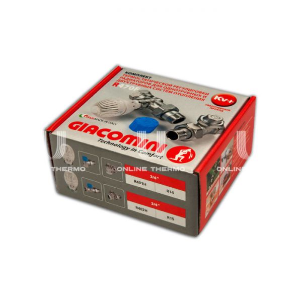 Комплект Giacomini R470FX064 из термостатического и запорного клапанов и термоголовки 3/4" ВР-НР, прямой, хром, без преднастройки