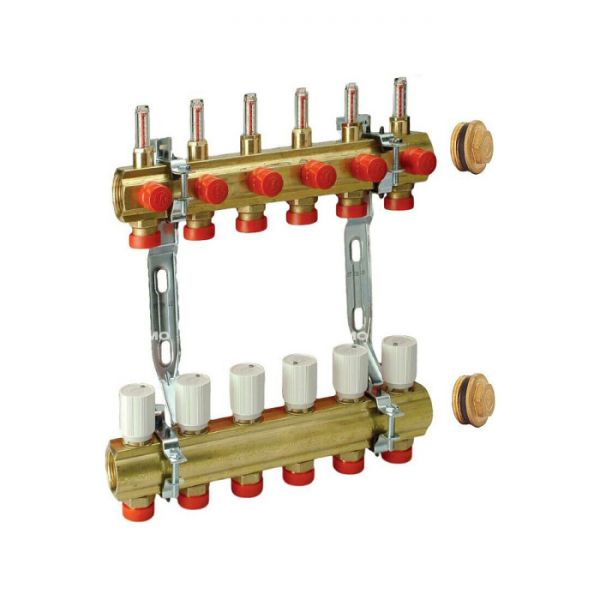Распределительный коллектор (группа) с расходомерами Giacomini R553KY065 ВР 1", на 5 контуров 3/4" EK, латунь