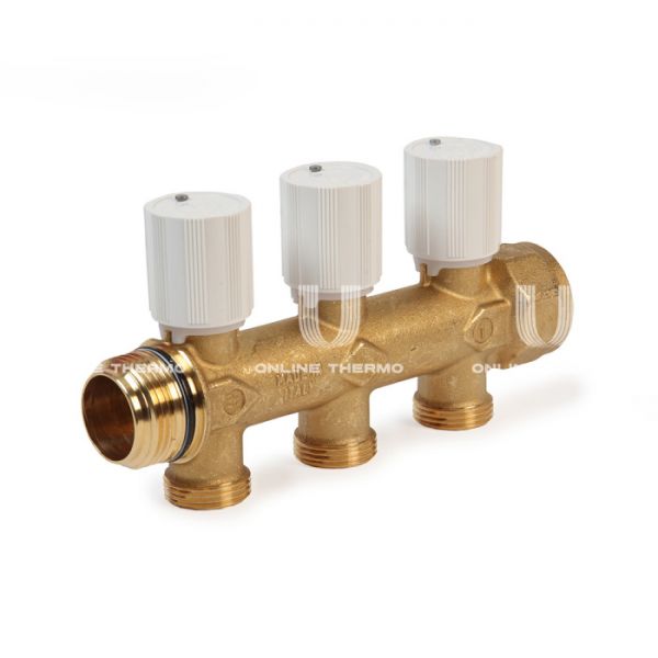 Регулирующий проходной коллектор Giacomini R583VY103, 1" ВР, на 3 контура с отводами, 3/4" НР EK