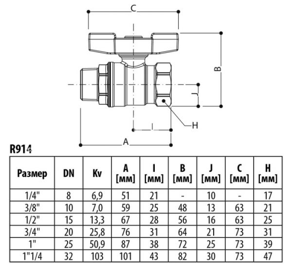 Кран шаровый Giacomini R914X026 1 1/4" ВР-НР, полнопроходной, ручка-бабочка