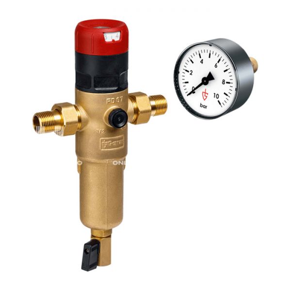 Комбинированный промывной фильтр Goetze FD07-1/2H (SP) GTZFIN013, для горячей воды, с редуктором давления, с манометром, с сетчатым фильтром