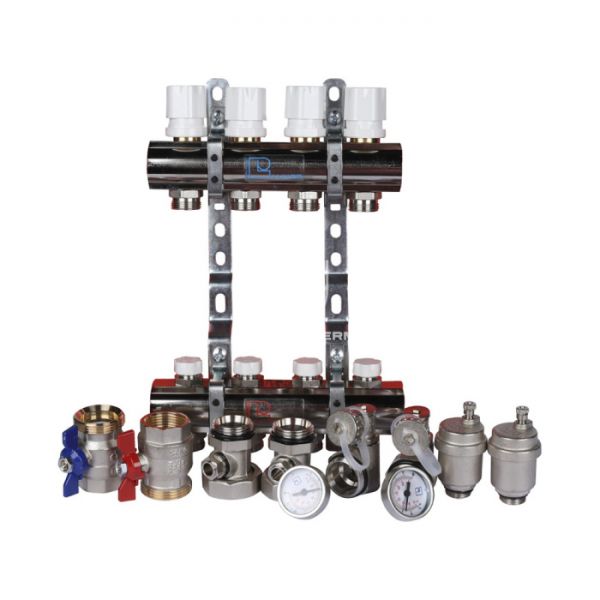 Распределительный коллектор (группа) для отопления Luxor 15552704MN ВР 1", на 4 контура 3/4" EK, никелированный