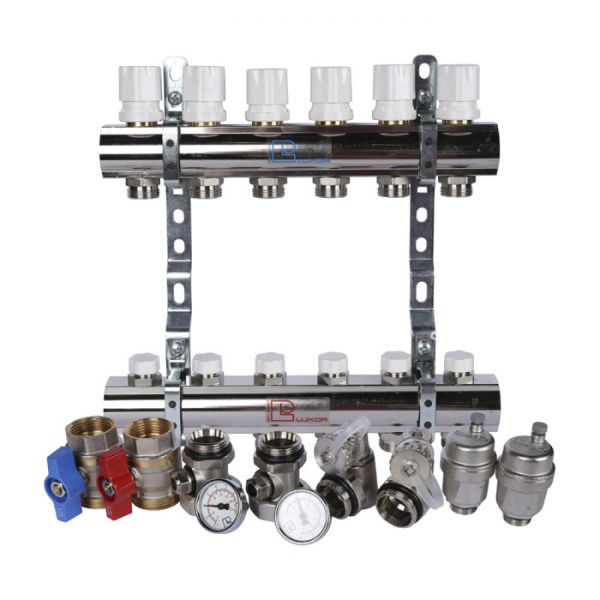 Распределительный коллектор (группа) для отопления Luxor 15552706MN ВР 1", на 6 контуров 3/4" EK, никелированный